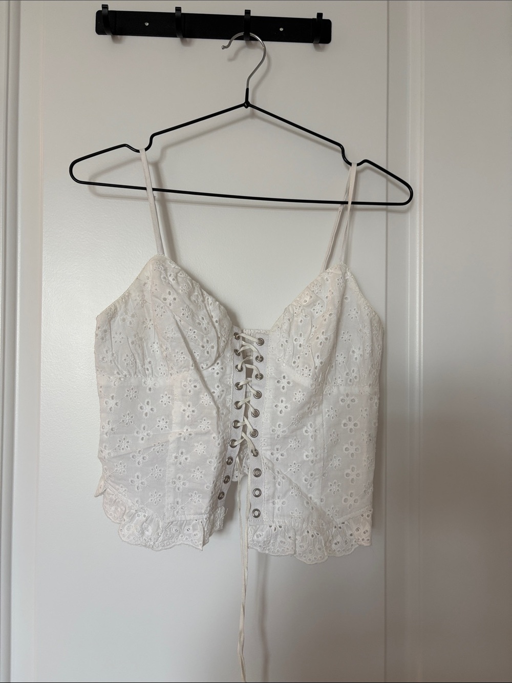 Garage Cream Eyelet Lace-Up Cami Top